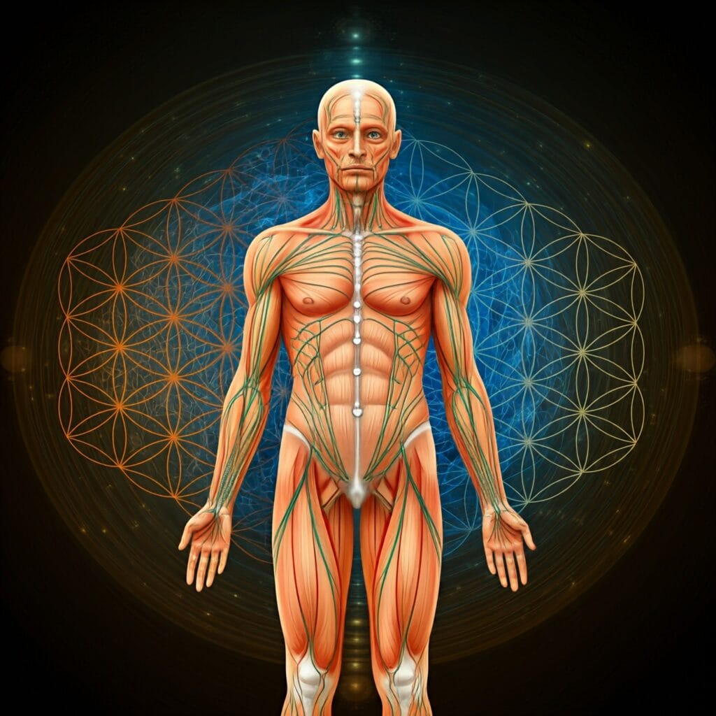 Man standing upright with flower of life behind him, showing the integration of Kambo and Bufo Alvarius with science.
