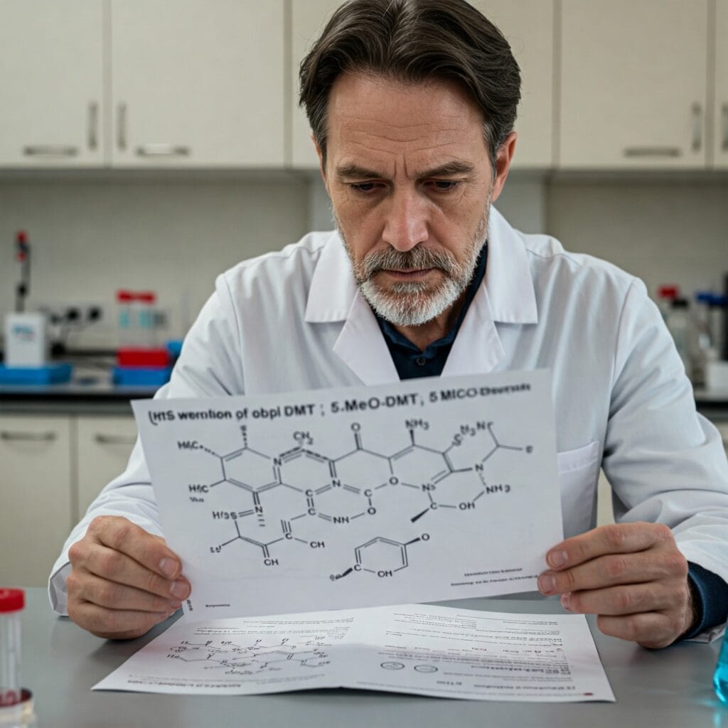 Administering 5 meo. Scientist looking at the molecular styructure of 5 meo dmt
